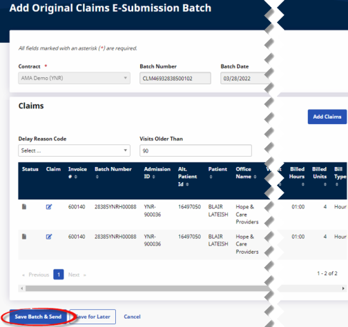 On the Add Original Claims E-Submission Batch page, click the Save Batch & Send button on the leftmost bottom corner of the page.